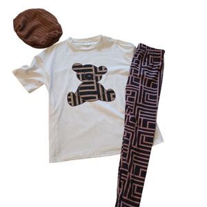 Kids  Set with Bear Print - White and Brown Size 9